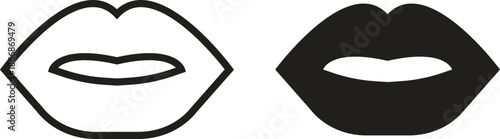 Lips mouth smile kiss icons set. Vectors graphic illustration depicting beauty makeup cosmetic salon minimalist black silhouette in flat and outline designs elements, female sexy fashion signs.