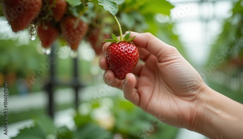 Hand holding a ripe strawberry in a lush green garden setting