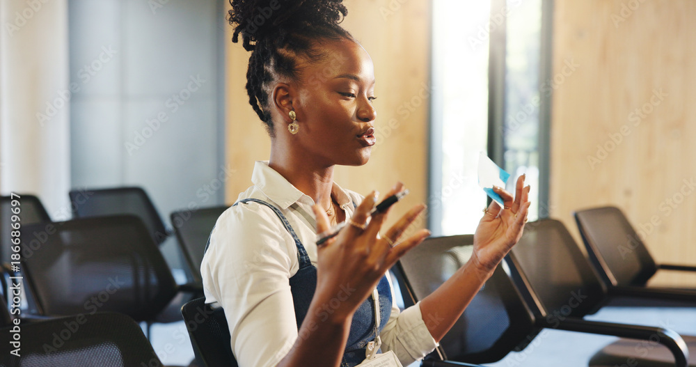 Obraz premium Presentation, practice and black woman in office with planning for meeting with research notes. Rehearsal, professional and African female speaker with preparation for corporate speech in workplace.