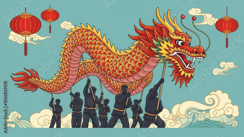 A vibrant illustration of a dragon dance performance with people carrying a colorful dragon and lanterns in the background.
