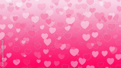 A vibrant pink gradient background with a multitude of hearts in various sizes and shades.