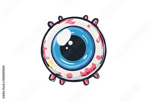 Zombie cartoon eye with blue, white slime isolated on cut out PNG or transparent background. Scary monster zombie eye clip art illustration. Alien scary Eyeball isolated for Halloween design.