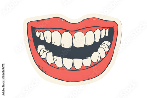 Smile laugh lips mouth red with teeth white cartoon sticker icon isolated on cut out PNG or transparent background. Hand drawn Dentistry Stomatology Happiness symbol. Illustration in flat style.