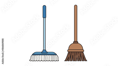 Mop and Broom Isolated on White Background - Cleaning Tools