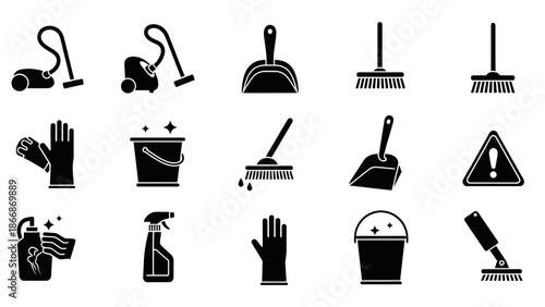 Cleaning Tools Icons Set: Vacuum, Mop, Broom, Bucket, Gloves, Spray Bottle