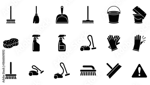 Cleaning supplies icons set: broom, mop, bucket, vacuum, gloves, sponge, spray bottle