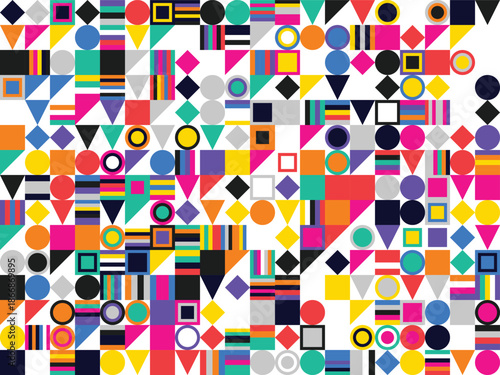 Vibrant digital mosaic of abstract geometric shapes and colorful patterns