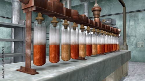 Modular cryo-farm pods with cryogenic nutrient suspension, arranged in a derelict spaceshipâ€™s bio-lab, flickering with stasis chamber lighting, in frosted glass and oxidized copper.