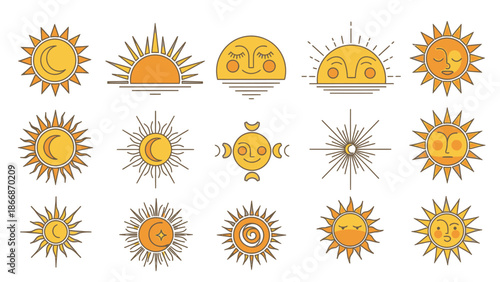 Set of stylized sun and moon icons with faces, celestial bodies, graphic elements