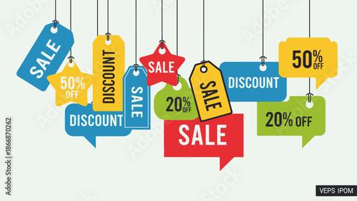 Colorful Sale and Discount Tags Hanging, Shopping Promotion, Special Offer