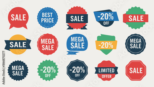 Sale and Discount Badges: Mega Sale, Best Price, Limited Offer, -20% Off