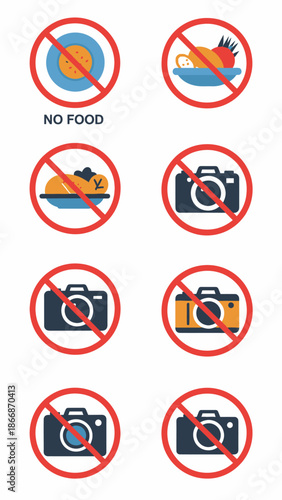 Prohibition Signs: No Food, No Photography Icons