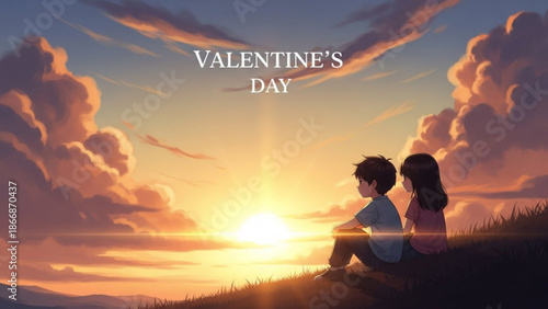 Couple sitting on hill watching romantic sunset on valentine's day with cloudy sky with valentine s day and love and together and outdoor and nature