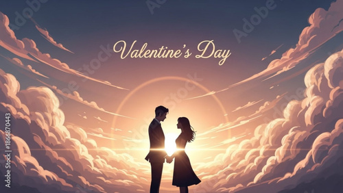 Romantic couple silhouette against sunset sky with clouds on valentine's day with Valentine s Day and love and romance and together and holding hands