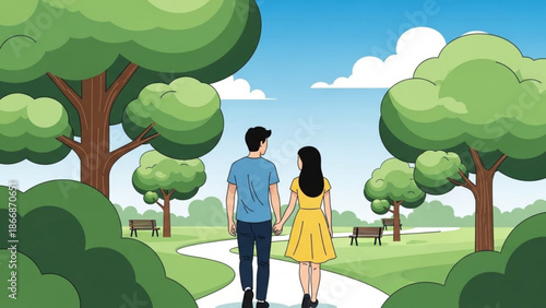 A cartoon illustration of a loving couple holding hands while walking on a winding path through a serene park with lush green trees and benches under a blue sky