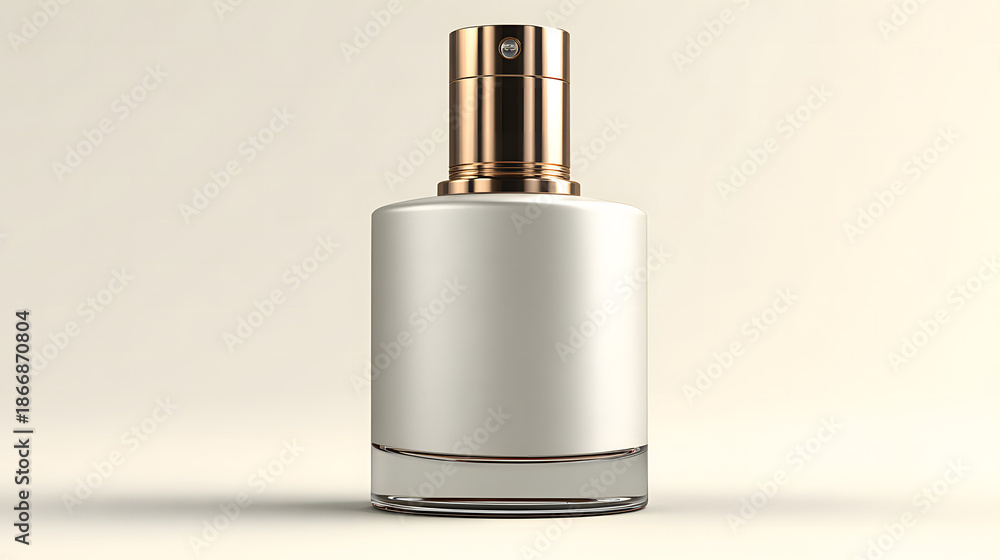 Naklejka premium white opaque perfume bottle with gold sprayer cap on neutral cream background product shot advertising beauty concept