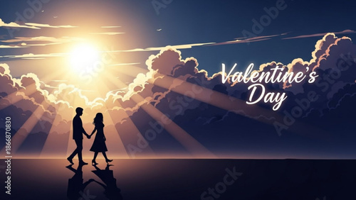 Silhouette of a romantic couple holding hands walking towards a beautiful sunset with sun rays and clouds on valentine's day with valentine s day