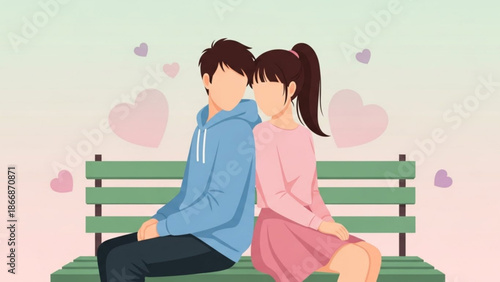 Young couple sitting on green bench with hearts in pastel background with love and romance and relationship and affection and tenderness and intimacy