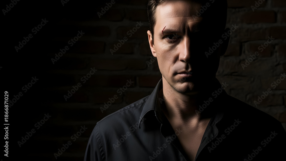 Fototapeta premium Moody low-key portrait representing a criminal concept, using dramatic side lighting and deep shadows.