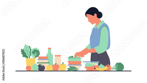 Woman preparing a healthy meal in a kitchen surrounded by fresh vegetables and ingredients