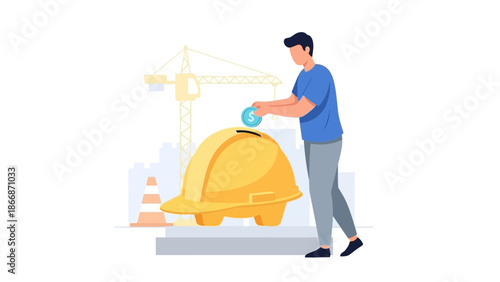 Man polishing construction equipment on a white background with crane and cones