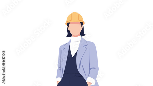 A young woman wearing a hard hat and business attire stands confidently in a professional setting
