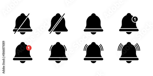 Notification bell icon set collection. Silent, mute, new reminder, ringing, and vibration mode symbol