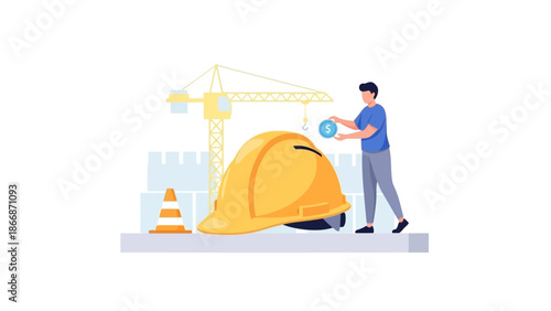 A construction worker examining plans beside a yellow hard hat and crane on a building site
