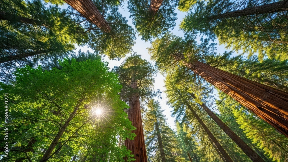 Fototapeta premium Looking up through tall trees in sunlight