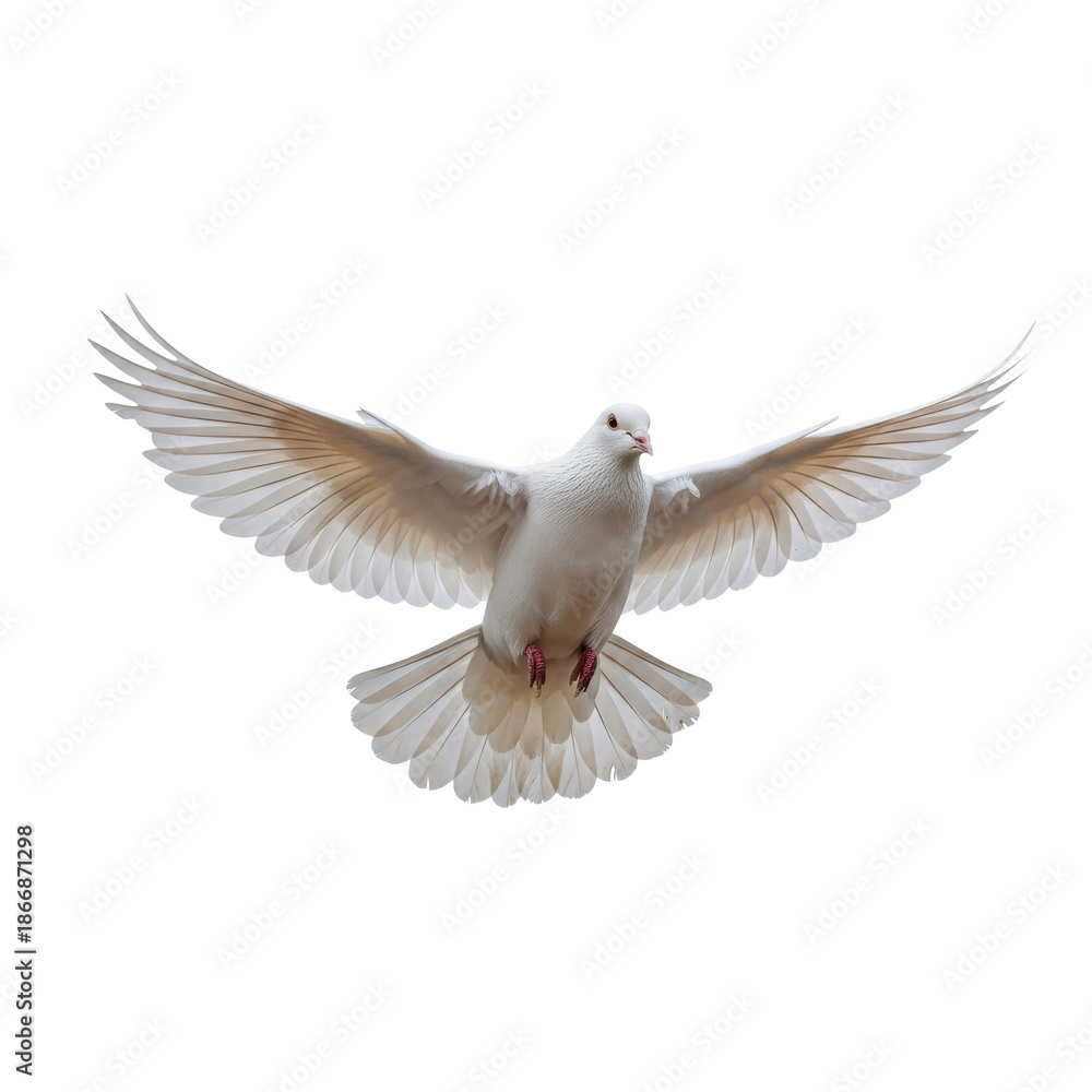 Fototapeta premium White Dove Flying Black Background Wings Spread