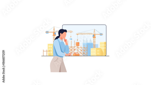 Woman reviewing construction plans on a digital tablet in an office