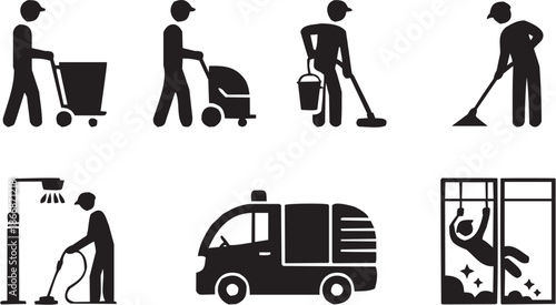 Sanitation service icon set. Vector glyph pictograms of vacuum cleaner, janitor cart, service van, hygiene symbol, cleaning mark black silhouette