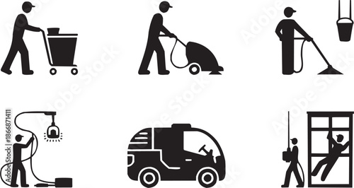 Sanitation icon set. Vector glyph pictograms of cleaner, floor machine, cleaning vehicle, hygiene symbol, public service mark black silhouette