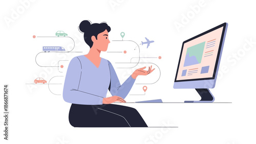 Woman analyzing data on computer with various transportation icons surrounding her