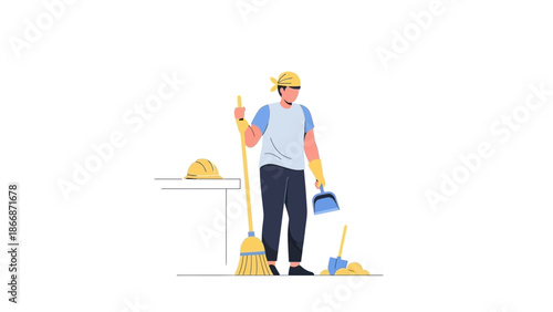 A janitor in a yellow hard hat holding a mop and broom stands beside a table with cleaning supplies