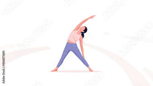 A woman practices yoga in a serene environment with a peaceful atmosphere and a sense of calmness