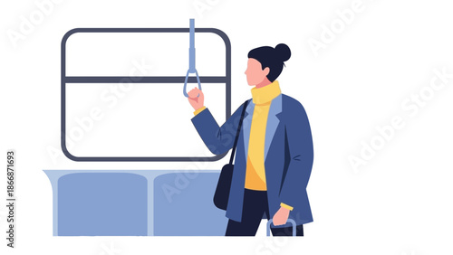 Woman holding onto a handrail while standing on a subway train