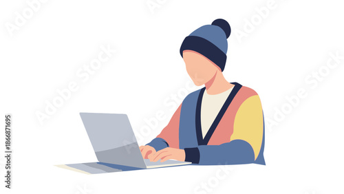 A person working on a laptop in a relaxed environment viewed from the side