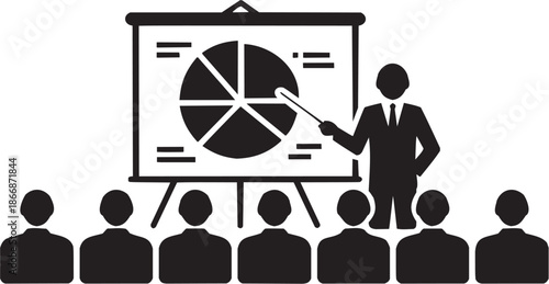 Presentation icon set. Vector glyph pictograms of speaker, pie chart, audience, business symbol, education mark black silhouette