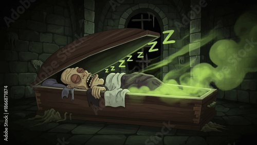 Cartoon zombie sleeping peacefully in an old, wooden coffin with green smoke and z's rising from its body in a dark, stone-walled room.