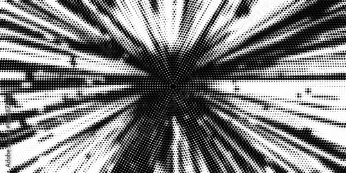 Halftone radial texture. Comic style grain background. Pop art faded textured frame. Grunge speckle effect. Dotted particles print wallpaper. Pixelated gradient backdrop