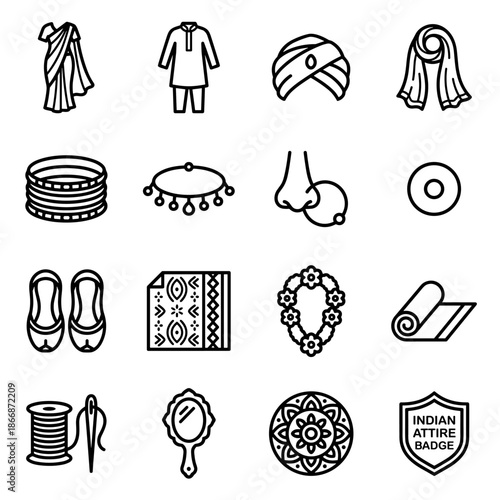 Indian Traditional Clothing Icon Set Black And White Featuring Jewelry, Shoes, Mirror, Needle, Rug