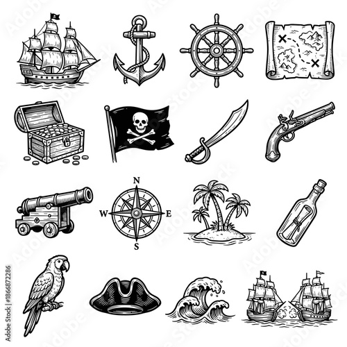 Pirate Adventure Icon Set Featuring Pirate Ship, Treasure Chest, Skull Flag, Cannon, Compass, Parrot, Hat, Waves, Black And White Style