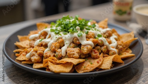 An elevated view of chicken tortilla nachos with cream sauce on top, intended for culinary exhibition