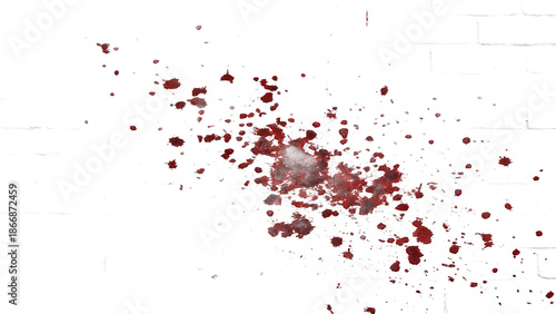 Red blood splatter on a white brick wall background. Shows impactful stains, drips, and splashes, evoking crime, violence, or medical emergency themes.
