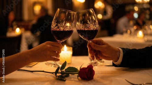 Wallpaper Mural Couple toasting with red wine glasses on a romantic dinner date with a red rose and candle Torontodigital.ca