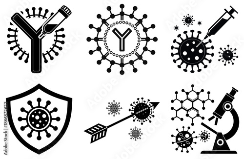 Antibody Drug Conjugate Black Silhouette Medical Vector Icons , transparent background