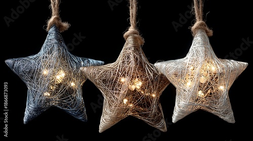 Glowing star ornaments hanging on twine against black background
