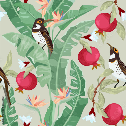 Tropical leaves, flowers, birds, and pomegranates in a seamless vector illustration. Perfect for textiles, packaging, and wallpaper.