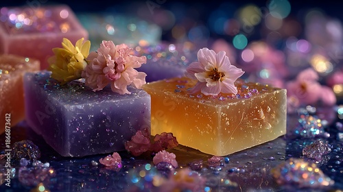 Vibrant soap bars with flowers and glitter on colorful background